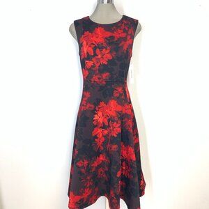 CALVIN KLEIN Elegant Black Red Multi Floral Fit &Flare Dress Women's Size 12